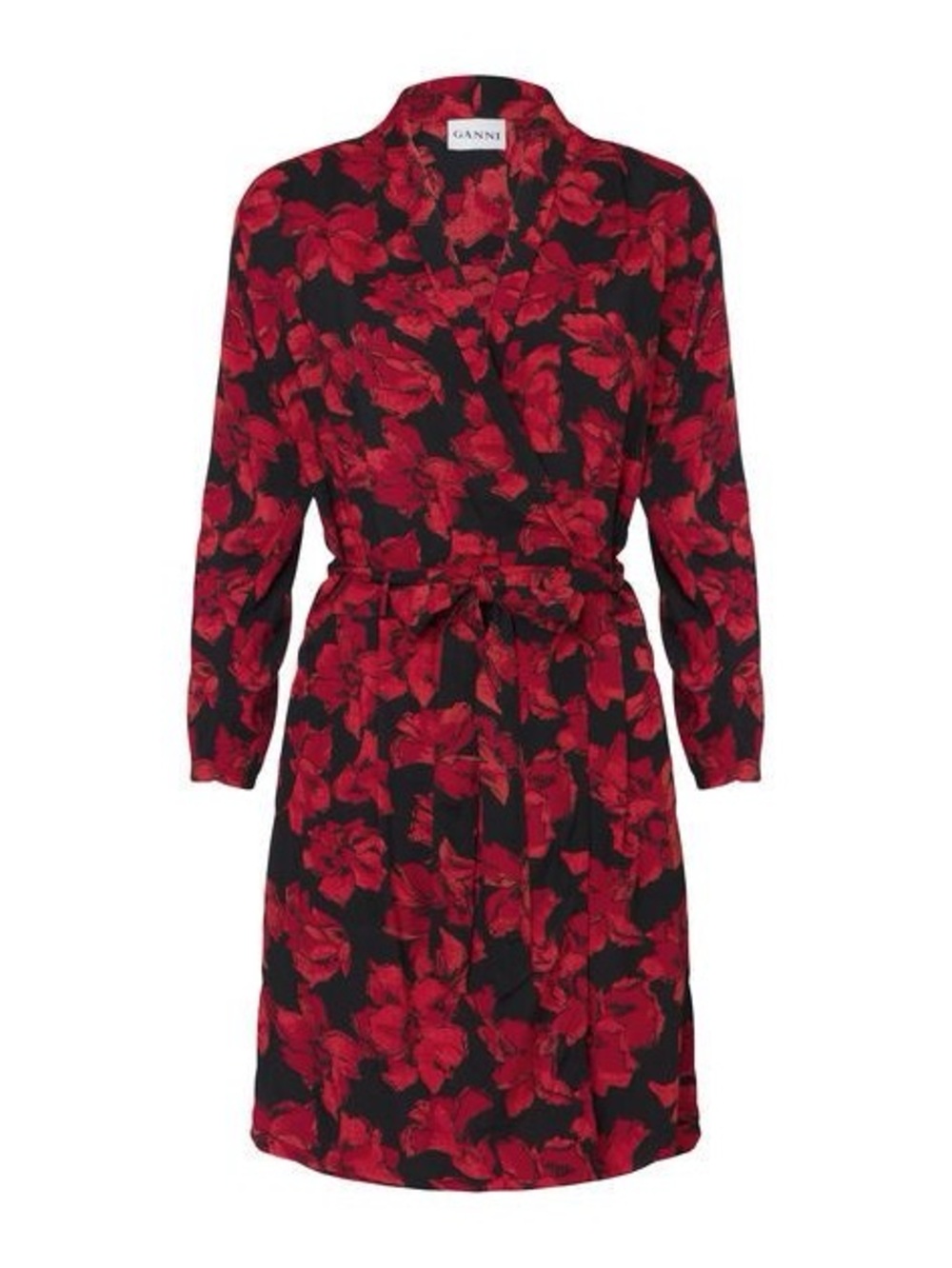 Ganni Black and Red Floral Wrap Dress